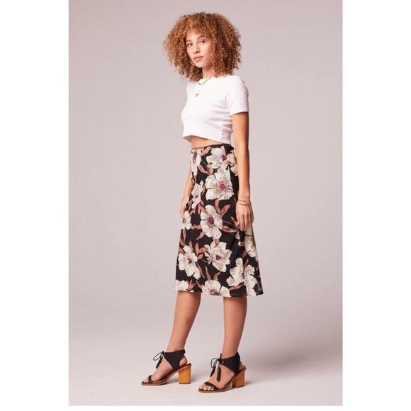 Band Of Gypsies BOG RHO Floral Slip Midi Skirt Black Cream Pull On Size S NEW - Picture 1 of 12